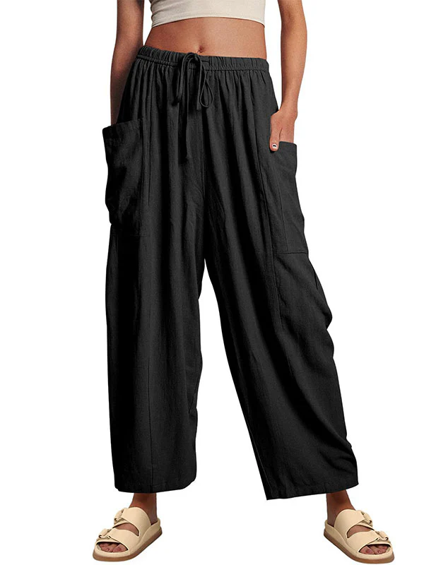 High Waisted Loose Drawstring Elasticity Pleated Pockets Solid Color Ninth Pants Trousers - Image 13