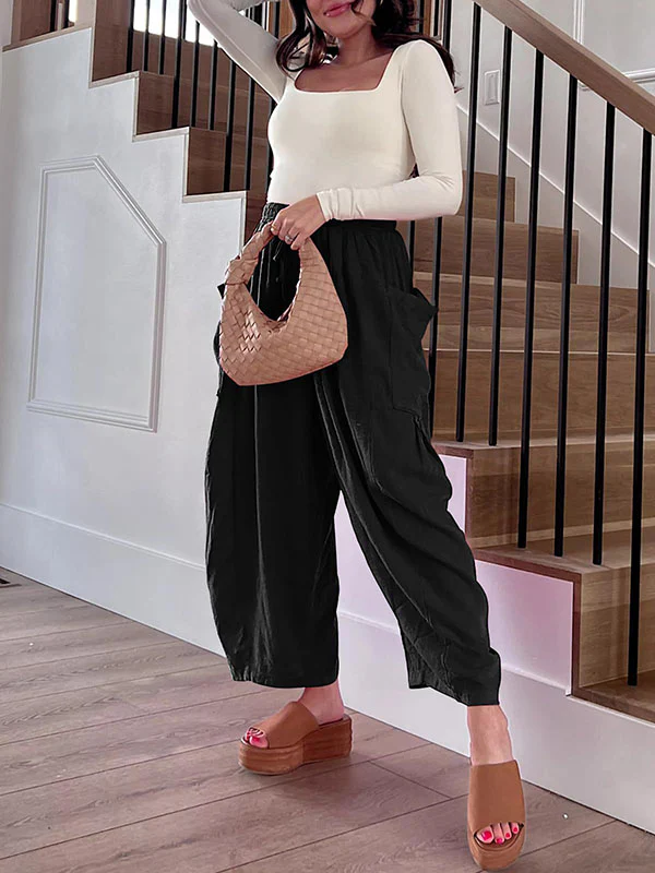 High Waisted Loose Drawstring Elasticity Pleated Pockets Solid Color Ninth Pants Trousers - Image 14