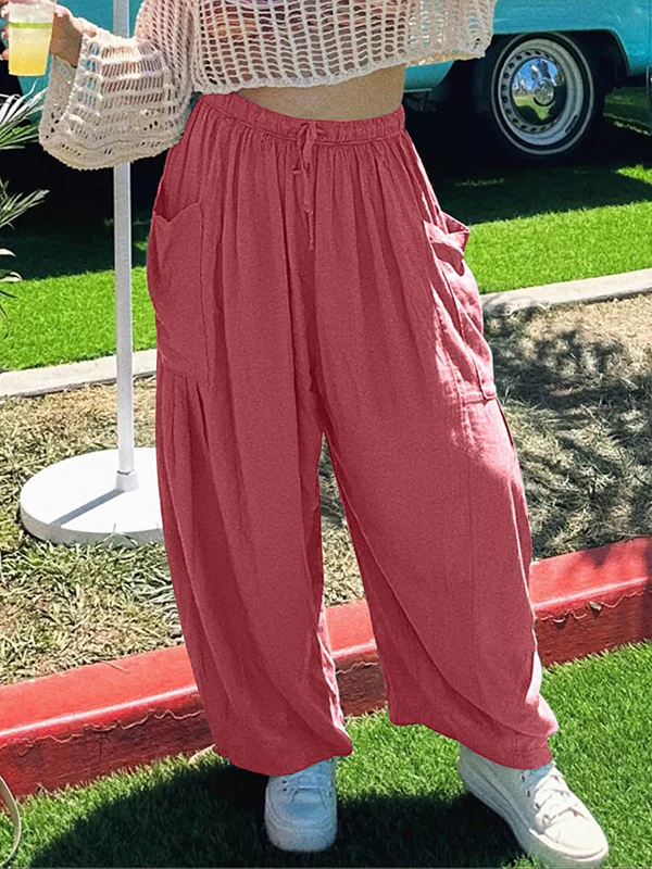 High Waisted Loose Drawstring Elasticity Pleated Pockets Solid Color Ninth Pants Trousers - Image 15