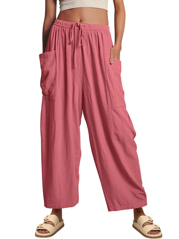 High Waisted Loose Drawstring Elasticity Pleated Pockets Solid Color Ninth Pants Trousers - Image 16