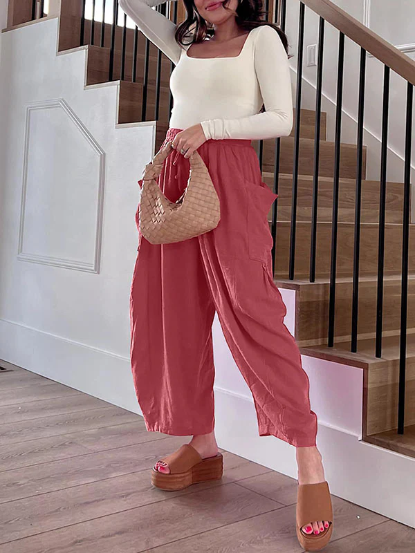 High Waisted Loose Drawstring Elasticity Pleated Pockets Solid Color Ninth Pants Trousers - Image 17