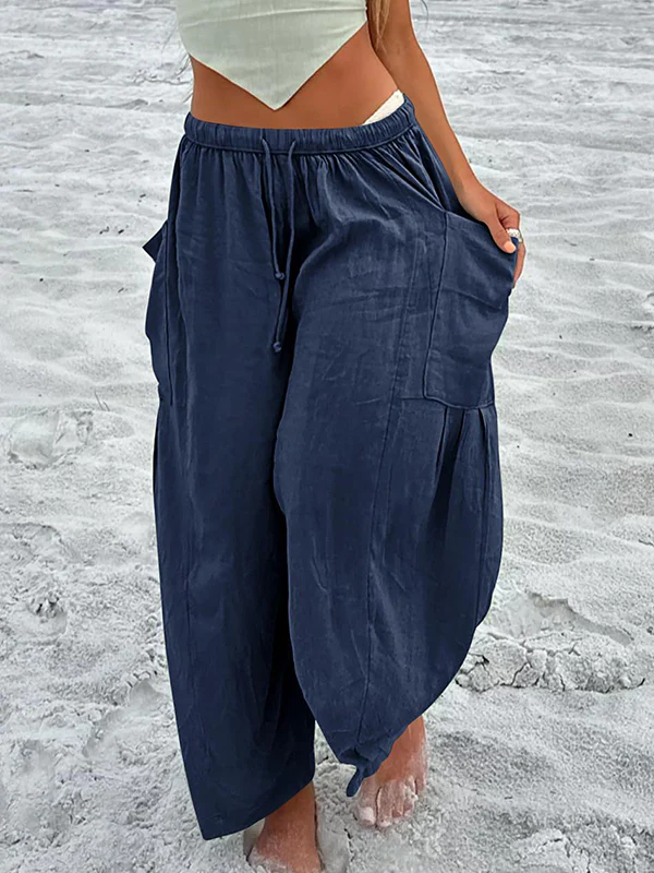 High Waisted Loose Drawstring Elasticity Pleated Pockets Solid Color Ninth Pants Trousers - Image 18