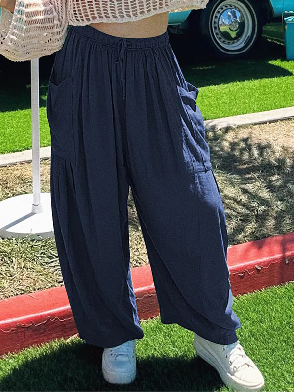High Waisted Loose Drawstring Elasticity Pleated Pockets Solid Color Ninth Pants Trousers - Image 19