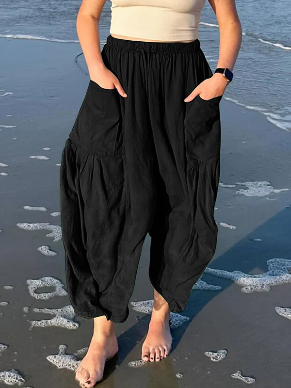 High Waisted Loose Drawstring Elasticity Pleated Pockets Solid Color Ninth Pants Trousers - Image 2