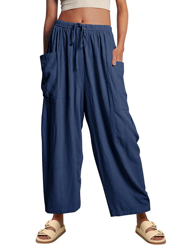 High Waisted Loose Drawstring Elasticity Pleated Pockets Solid Color Ninth Pants Trousers - Image 20