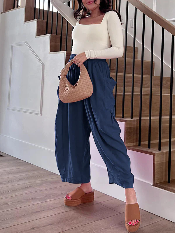 High Waisted Loose Drawstring Elasticity Pleated Pockets Solid Color Ninth Pants Trousers - Image 21
