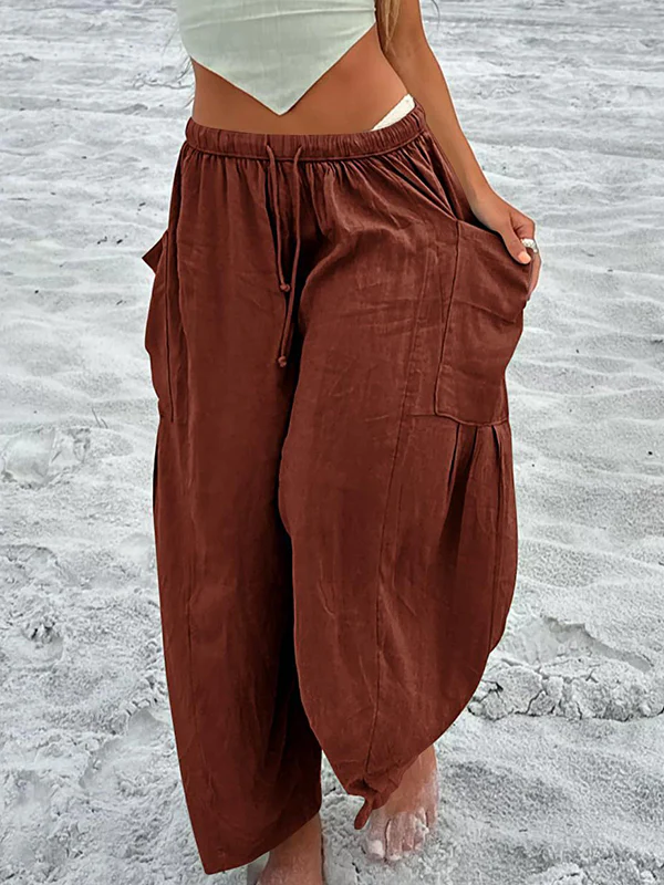 High Waisted Loose Drawstring Elasticity Pleated Pockets Solid Color Ninth Pants Trousers - Image 22