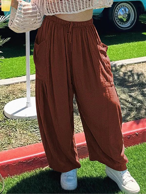 High Waisted Loose Drawstring Elasticity Pleated Pockets Solid Color Ninth Pants Trousers - Image 23