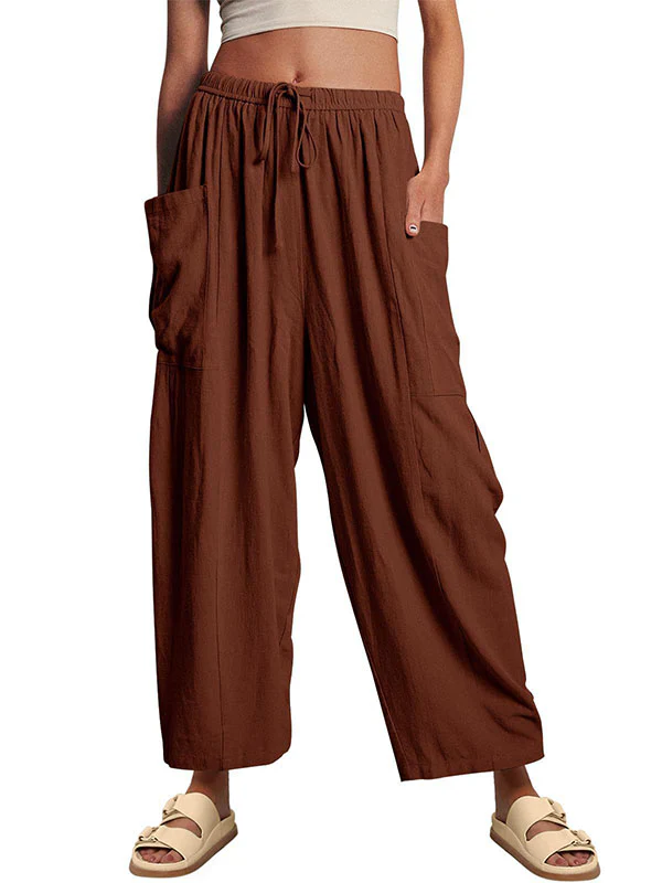 High Waisted Loose Drawstring Elasticity Pleated Pockets Solid Color Ninth Pants Trousers - Image 24