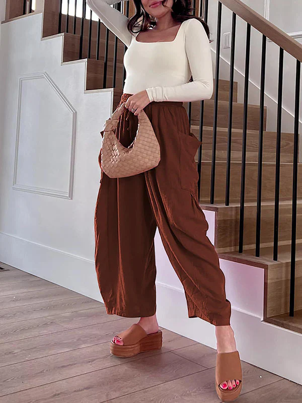 High Waisted Loose Drawstring Elasticity Pleated Pockets Solid Color Ninth Pants Trousers - Image 25