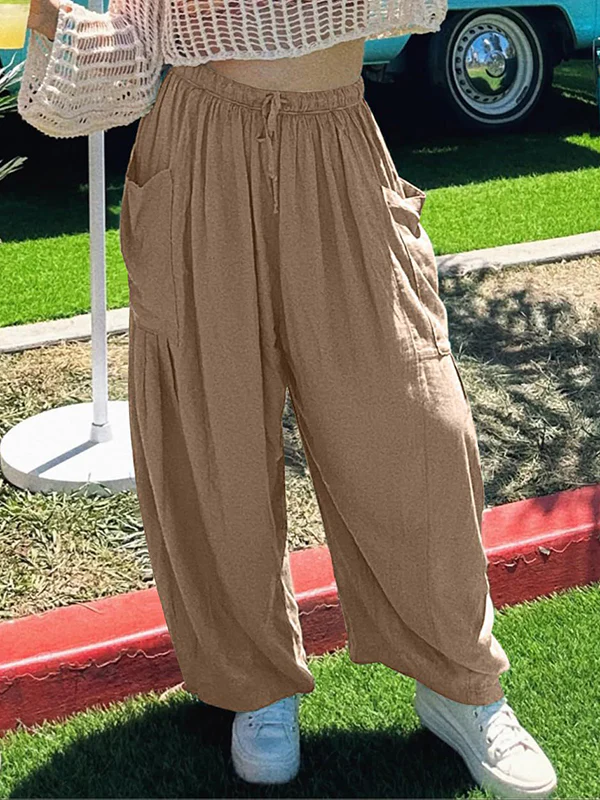 High Waisted Loose Drawstring Elasticity Pleated Pockets Solid Color Ninth Pants Trousers - Image 26