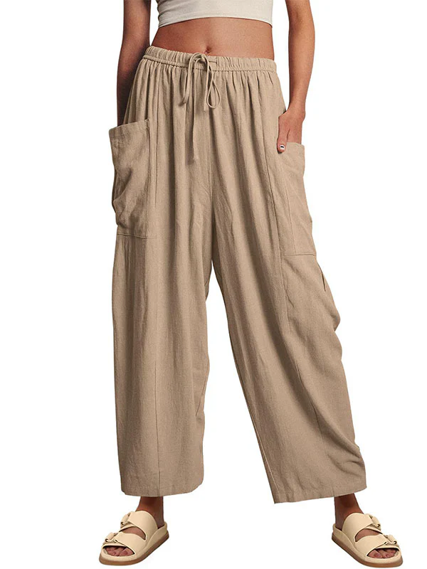 High Waisted Loose Drawstring Elasticity Pleated Pockets Solid Color Ninth Pants Trousers - Image 27