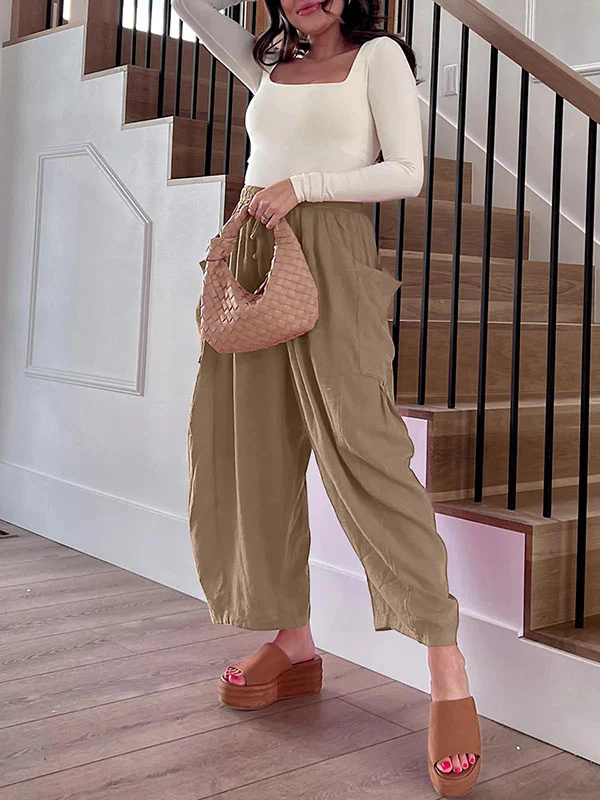 High Waisted Loose Drawstring Elasticity Pleated Pockets Solid Color Ninth Pants Trousers - Image 28