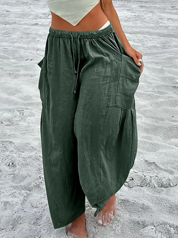 High Waisted Loose Drawstring Elasticity Pleated Pockets Solid Color Ninth Pants Trousers - Image 29