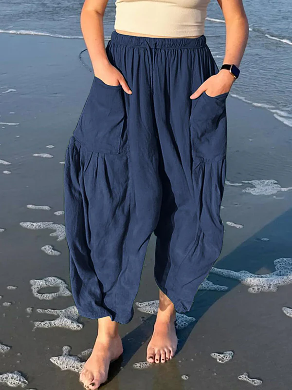 High Waisted Loose Drawstring Elasticity Pleated Pockets Solid Color Ninth Pants Trousers - Image 3