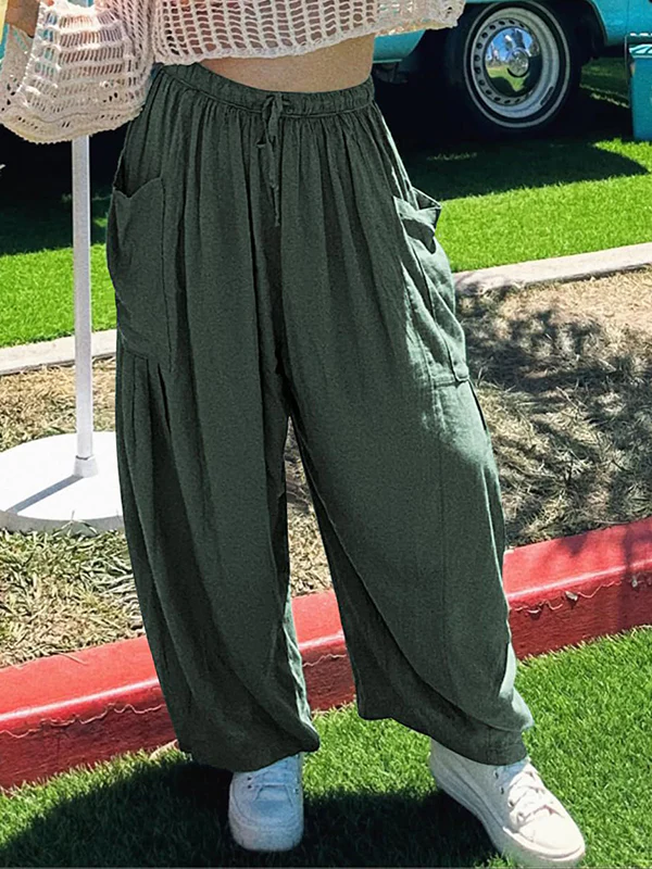 High Waisted Loose Drawstring Elasticity Pleated Pockets Solid Color Ninth Pants Trousers - Image 30