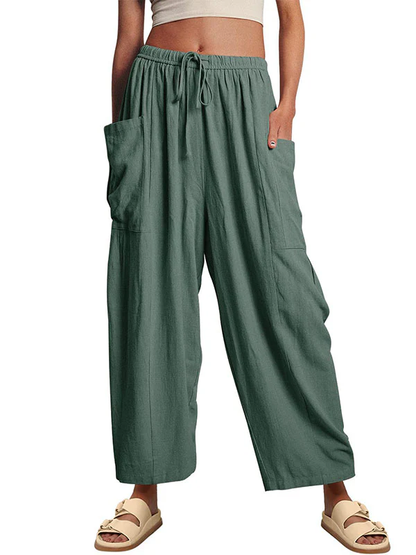 High Waisted Loose Drawstring Elasticity Pleated Pockets Solid Color Ninth Pants Trousers - Image 31