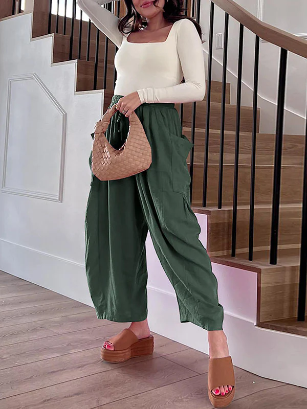 High Waisted Loose Drawstring Elasticity Pleated Pockets Solid Color Ninth Pants Trousers - Image 32