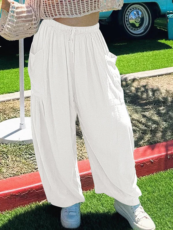 High Waisted Loose Drawstring Elasticity Pleated Pockets Solid Color Ninth Pants Trousers - Image 33