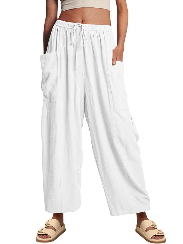High Waisted Loose Drawstring Elasticity Pleated Pockets Solid Color Ninth Pants Trousers - Image 34