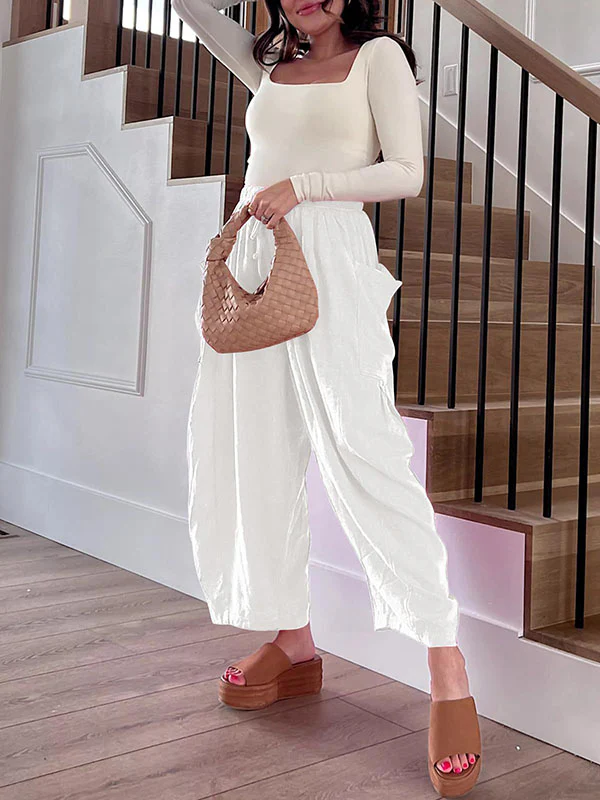 High Waisted Loose Drawstring Elasticity Pleated Pockets Solid Color Ninth Pants Trousers - Image 35