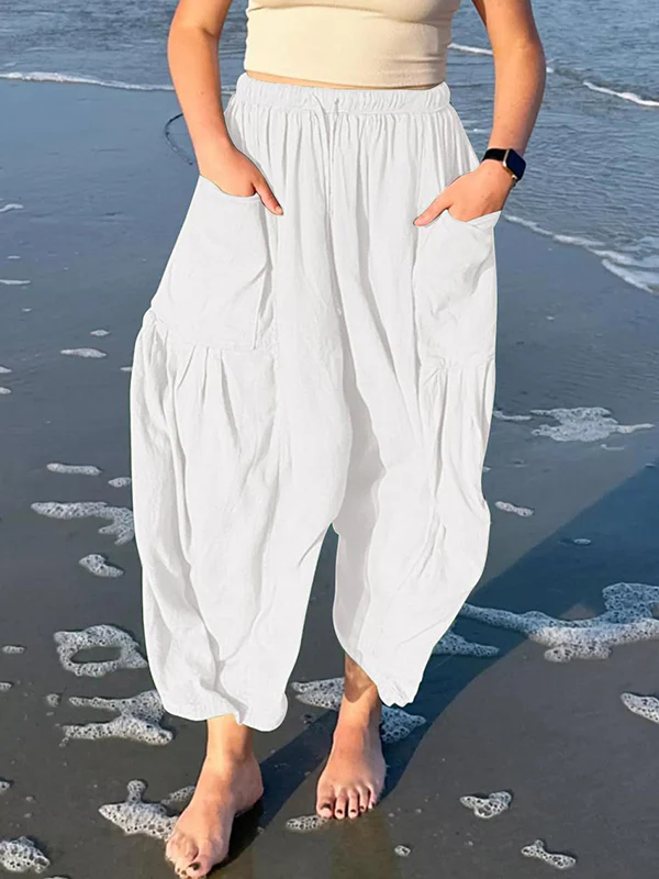 High Waisted Loose Drawstring Elasticity Pleated Pockets Solid Color Ninth Pants Trousers - Image 4