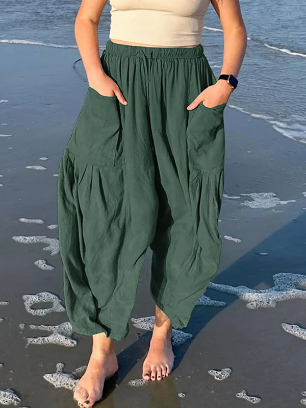 High Waisted Loose Drawstring Elasticity Pleated Pockets Solid Color Ninth Pants Trousers - Image 5