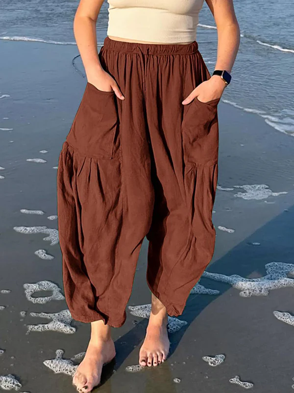 High Waisted Loose Drawstring Elasticity Pleated Pockets Solid Color Ninth Pants Trousers - Image 6