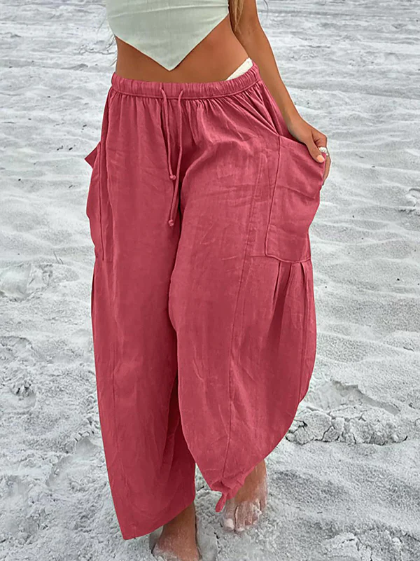 High Waisted Loose Drawstring Elasticity Pleated Pockets Solid Color Ninth Pants Trousers - Image 7