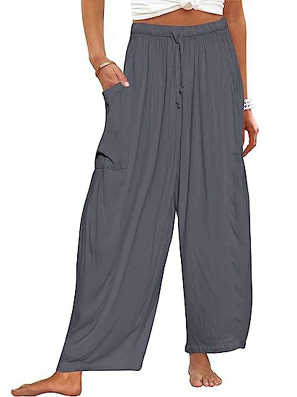 High Waisted Loose Drawstring Elasticity Pleated Pockets Solid Color Ninth Pants Trousers - Image 8