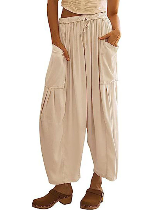 High Waisted Loose Drawstring Elasticity Pleated Pockets Solid Color Ninth Pants Trousers - Image 9