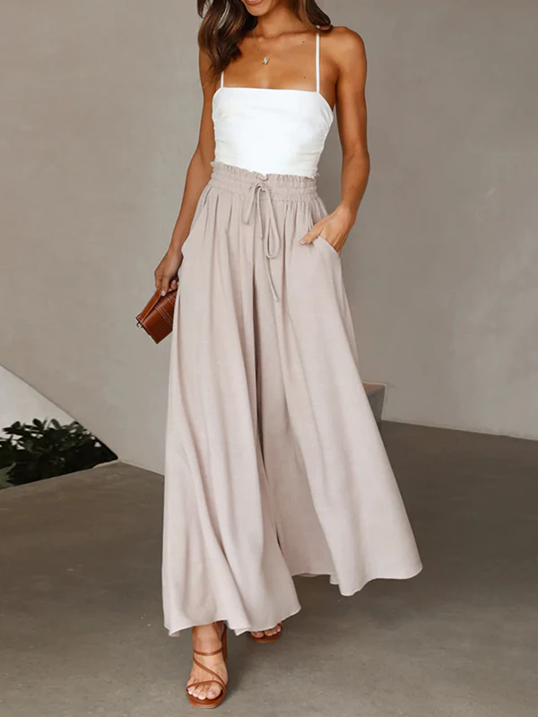 High Waisted Loose Drawstring Elasticity Pleated Pockets Solid Color Pants Trousers - Image 11
