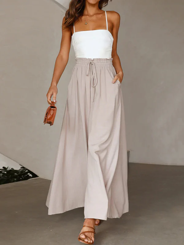 High Waisted Loose Drawstring Elasticity Pleated Pockets Solid Color Pants Trousers - Image 12