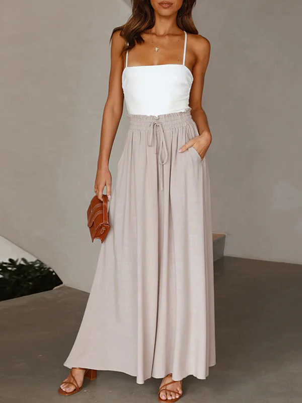 High Waisted Loose Drawstring Elasticity Pleated Pockets Solid Color Pants Trousers - Image 13