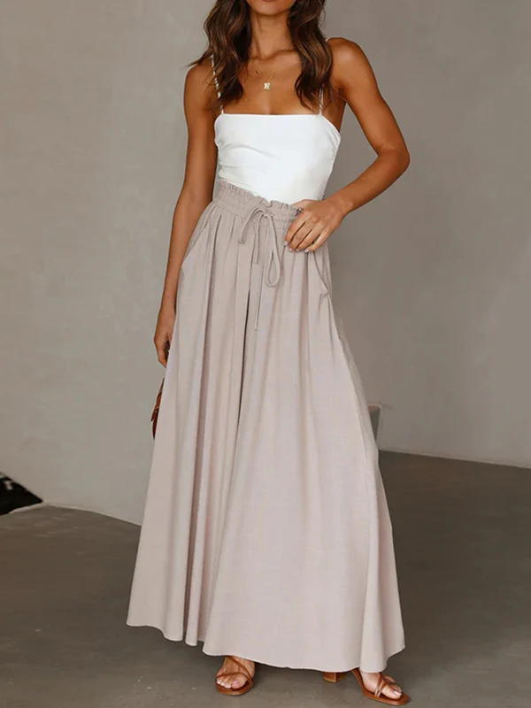 High Waisted Loose Drawstring Elasticity Pleated Pockets Solid Color Pants Trousers - Image 14