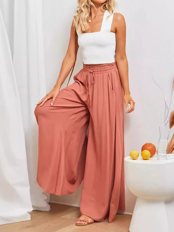 High Waisted Loose Drawstring Elasticity Pleated Pockets Solid Color Pants Trousers - Image 15