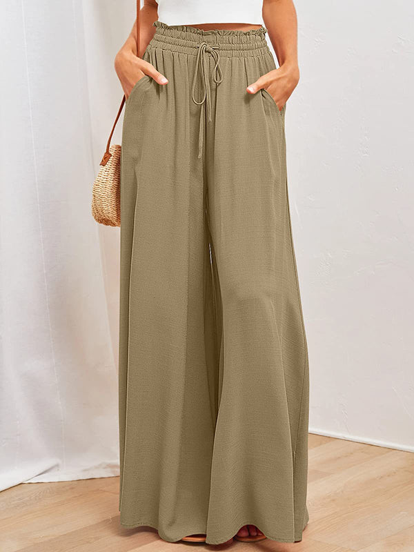 High Waisted Loose Drawstring Elasticity Pleated Pockets Solid Color Pants Trousers - Image 2
