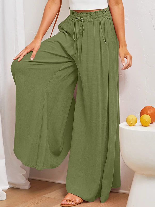 High Waisted Loose Drawstring Elasticity Pleated Pockets Solid Color Pants Trousers - Image 22