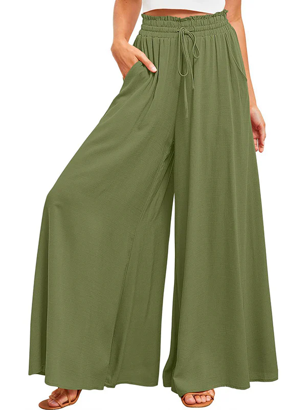 High Waisted Loose Drawstring Elasticity Pleated Pockets Solid Color Pants Trousers - Image 24