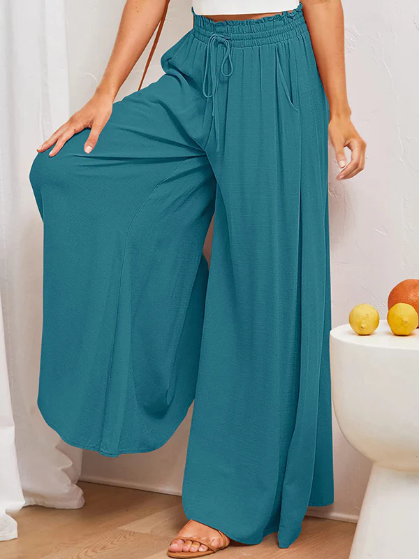 High Waisted Loose Drawstring Elasticity Pleated Pockets Solid Color Pants Trousers - Image 25