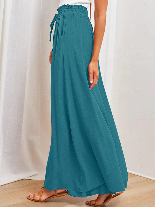 High Waisted Loose Drawstring Elasticity Pleated Pockets Solid Color Pants Trousers - Image 26
