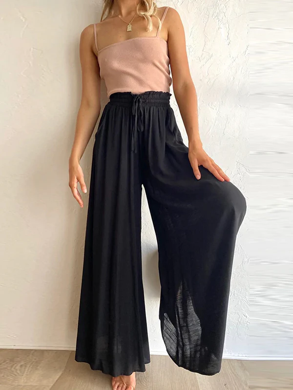 High Waisted Loose Drawstring Elasticity Pleated Pockets Solid Color Pants Trousers - Image 28