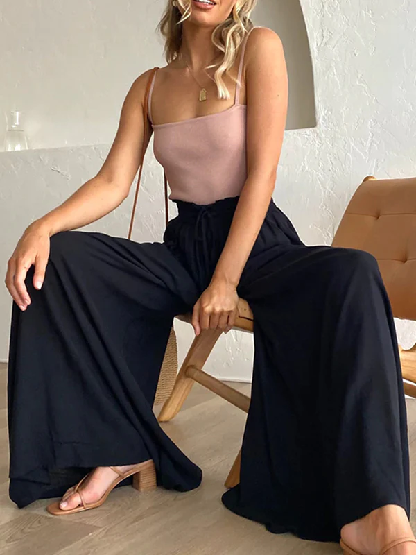 High Waisted Loose Drawstring Elasticity Pleated Pockets Solid Color Pants Trousers - Image 29