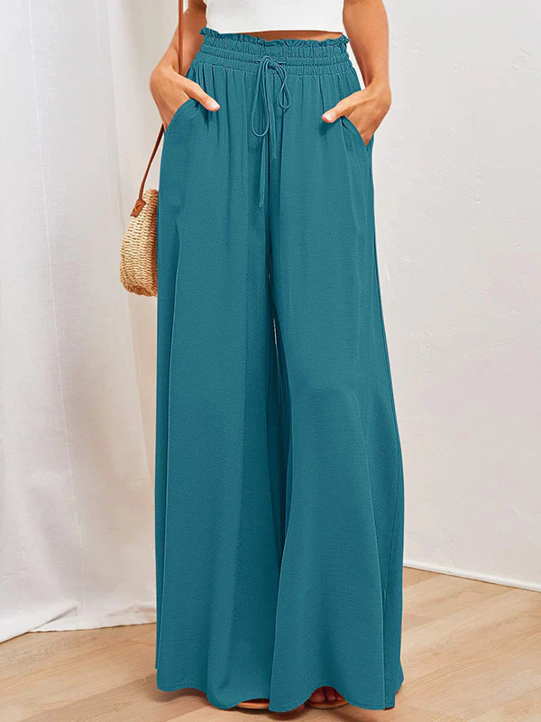 High Waisted Loose Drawstring Elasticity Pleated Pockets Solid Color Pants Trousers - Image 3