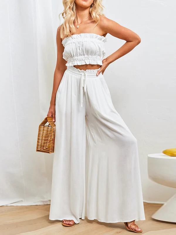 High Waisted Loose Drawstring Elasticity Pleated Pockets Solid Color Pants Trousers - Image 30