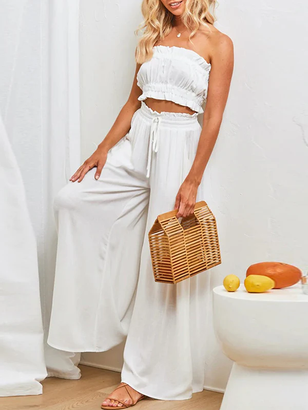 High Waisted Loose Drawstring Elasticity Pleated Pockets Solid Color Pants Trousers - Image 31