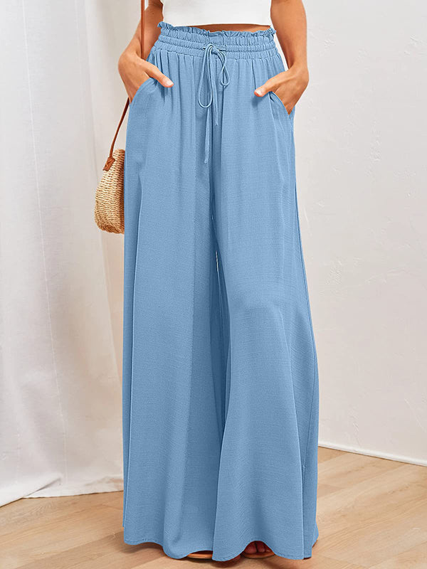 High Waisted Loose Drawstring Elasticity Pleated Pockets Solid Color Pants Trousers - Image 4