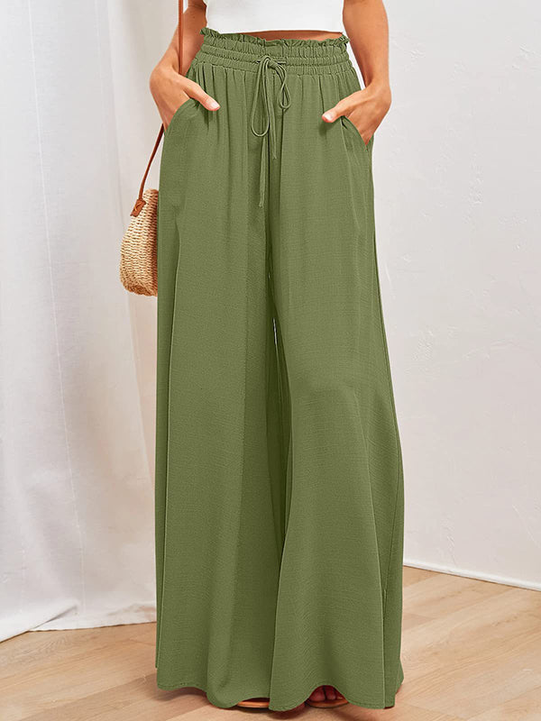 High Waisted Loose Drawstring Elasticity Pleated Pockets Solid Color Pants Trousers - Image 5
