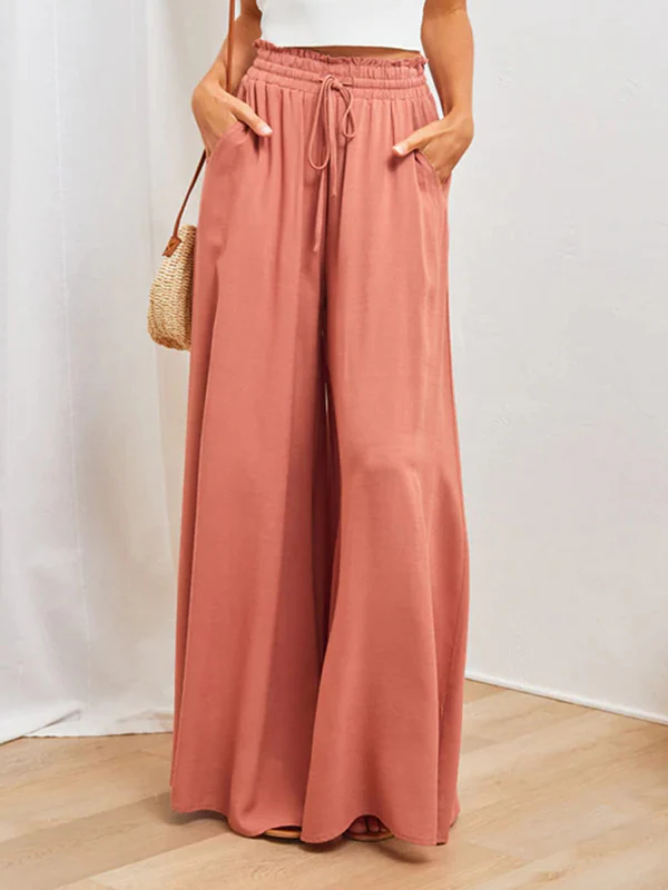 High Waisted Loose Drawstring Elasticity Pleated Pockets Solid Color Pants Trousers - Image 6