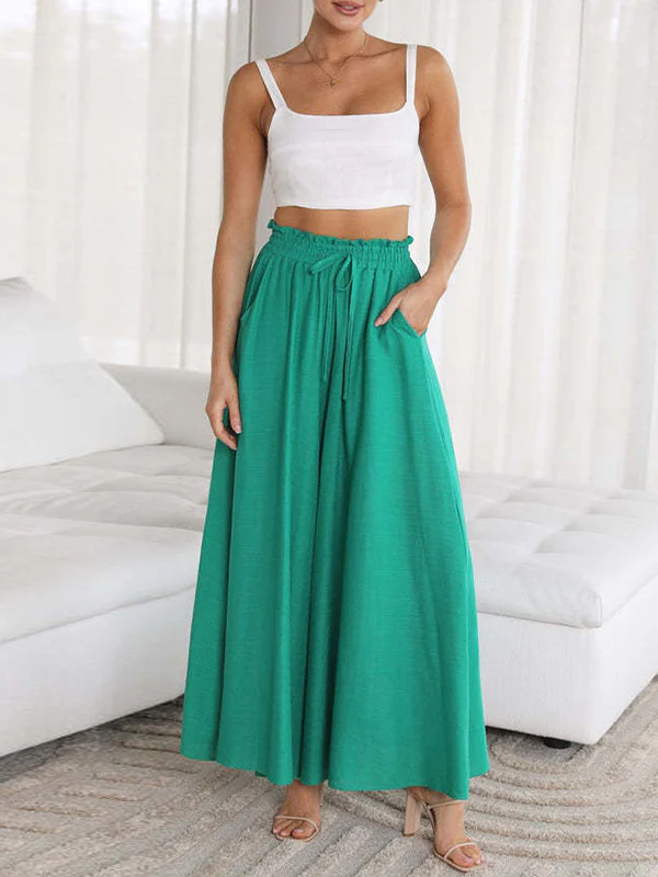 High Waisted Loose Drawstring Elasticity Pleated Pockets Solid Color Pants Trousers - Image 8